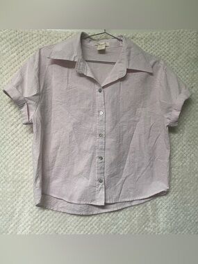 Passport Pink and White Striped Button-Up Shirt Cotton Blend Lightweight Medium